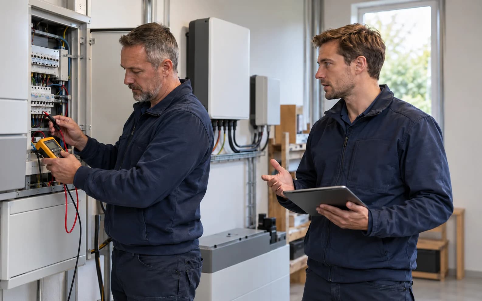 Zwei Handwerker an einem offenen Zählerschrank: einer misst mit dem Multimeter, der zweite hält ein Tablet