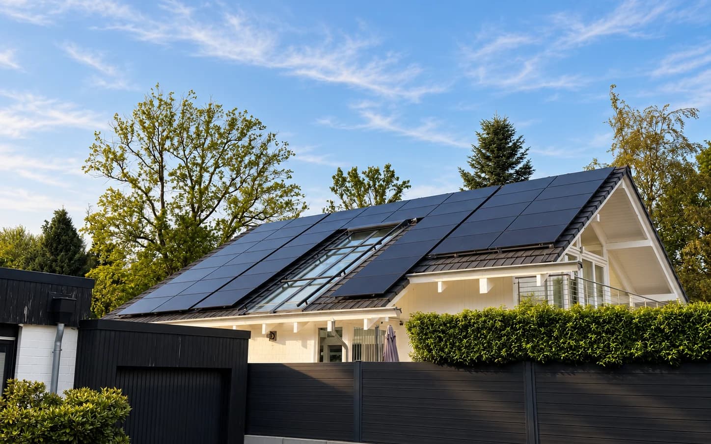 Wohnhaus mit voll belegtem Satteldach aus schwarzen Solarmodulen, daneben ein Dachfenster